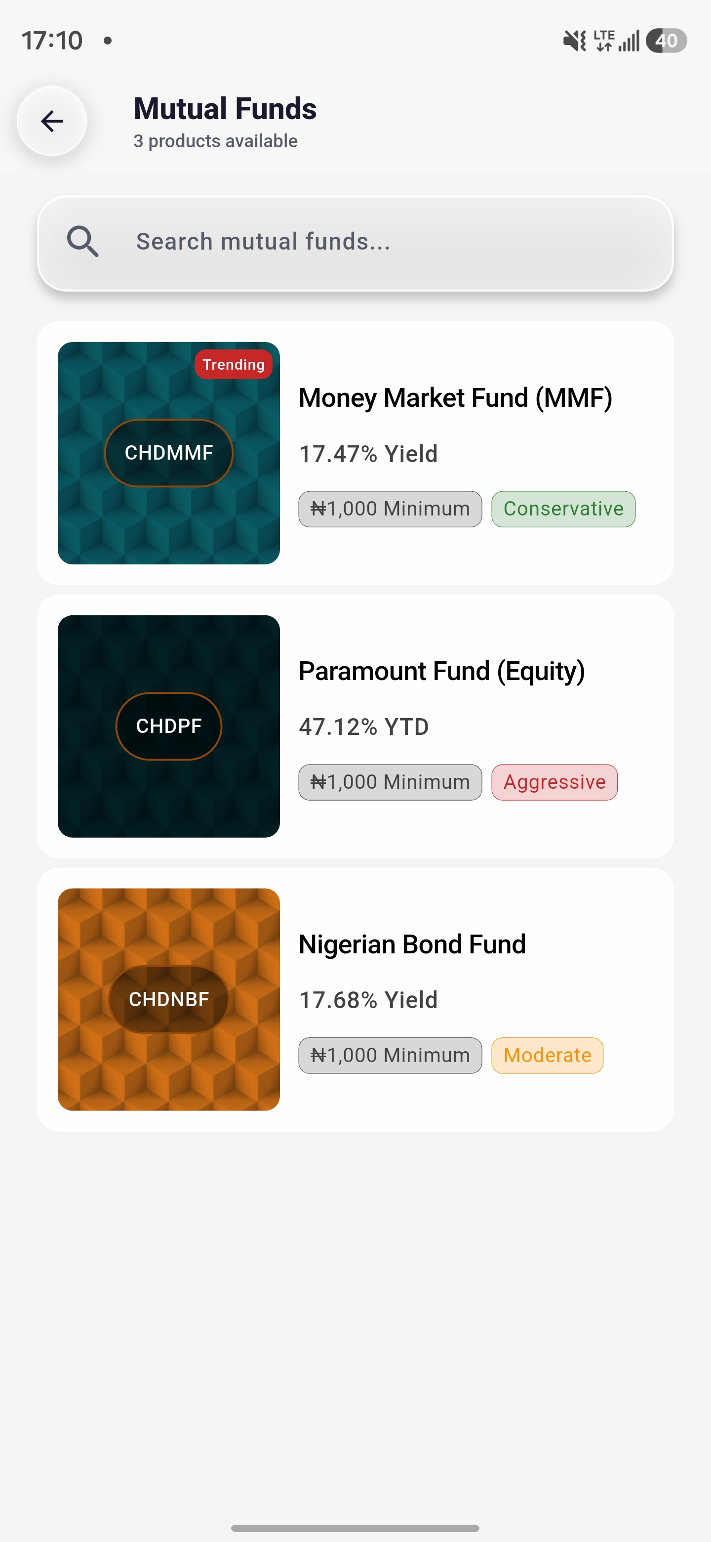 Mutual funds screen in the InvestNaija app